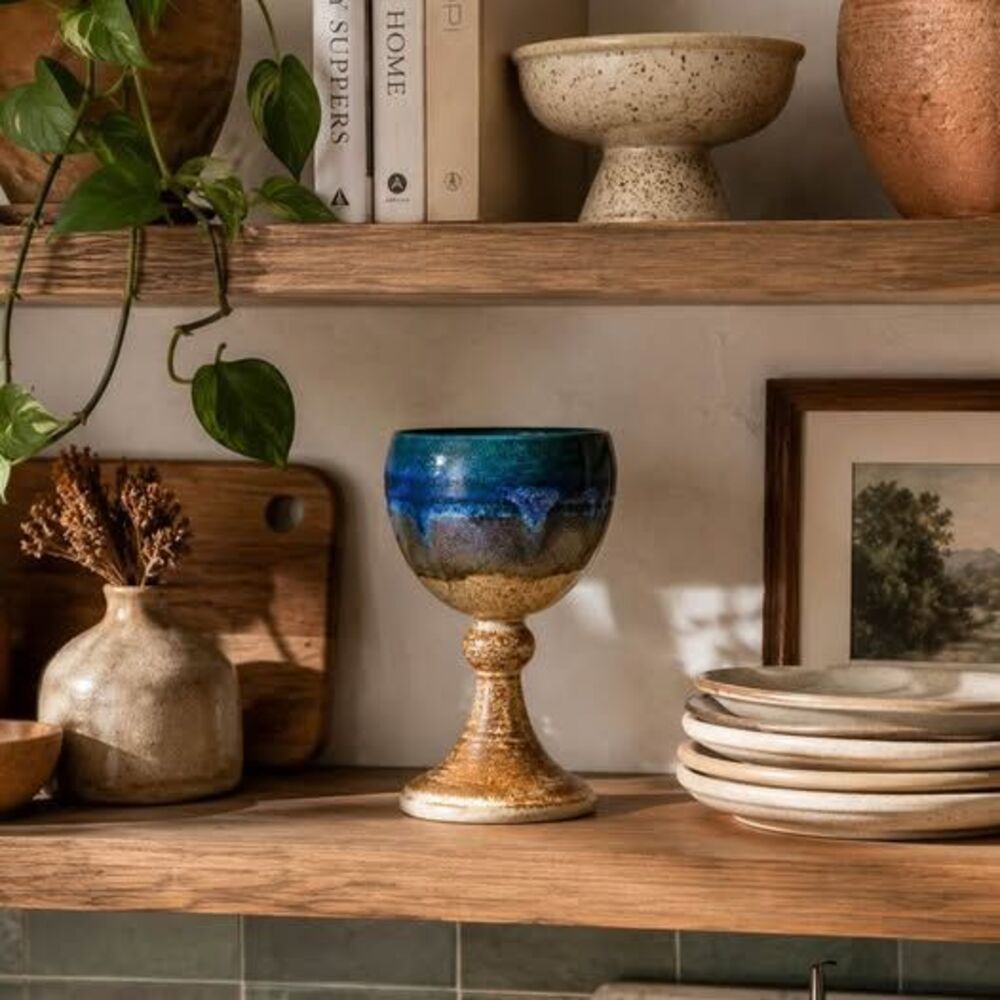 Handmade Studio Pottery Goblet / Chalice – Teal Blue Reactive Glaze